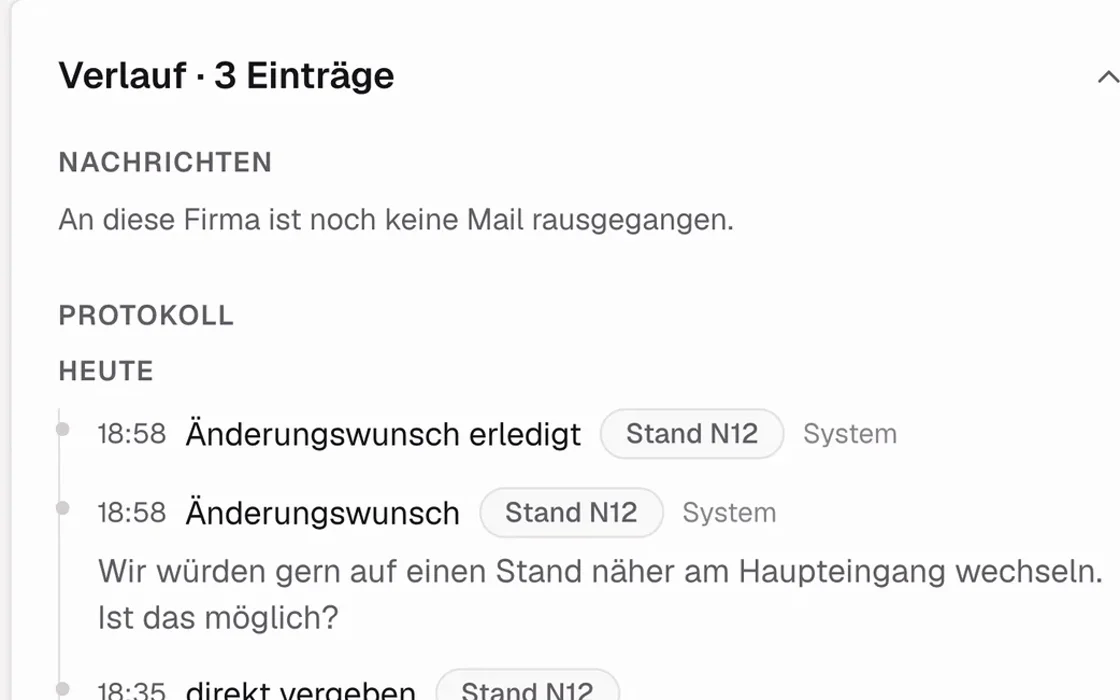 Ausschnitt: der Verlauf einer Firma mit Vergabe und Änderungswunsch