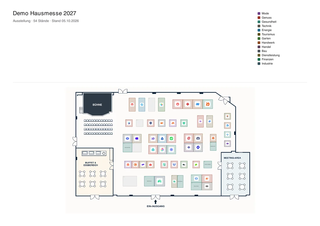 Der exportierte Hallenplan als PDF-Blatt mit Logos und Legende
