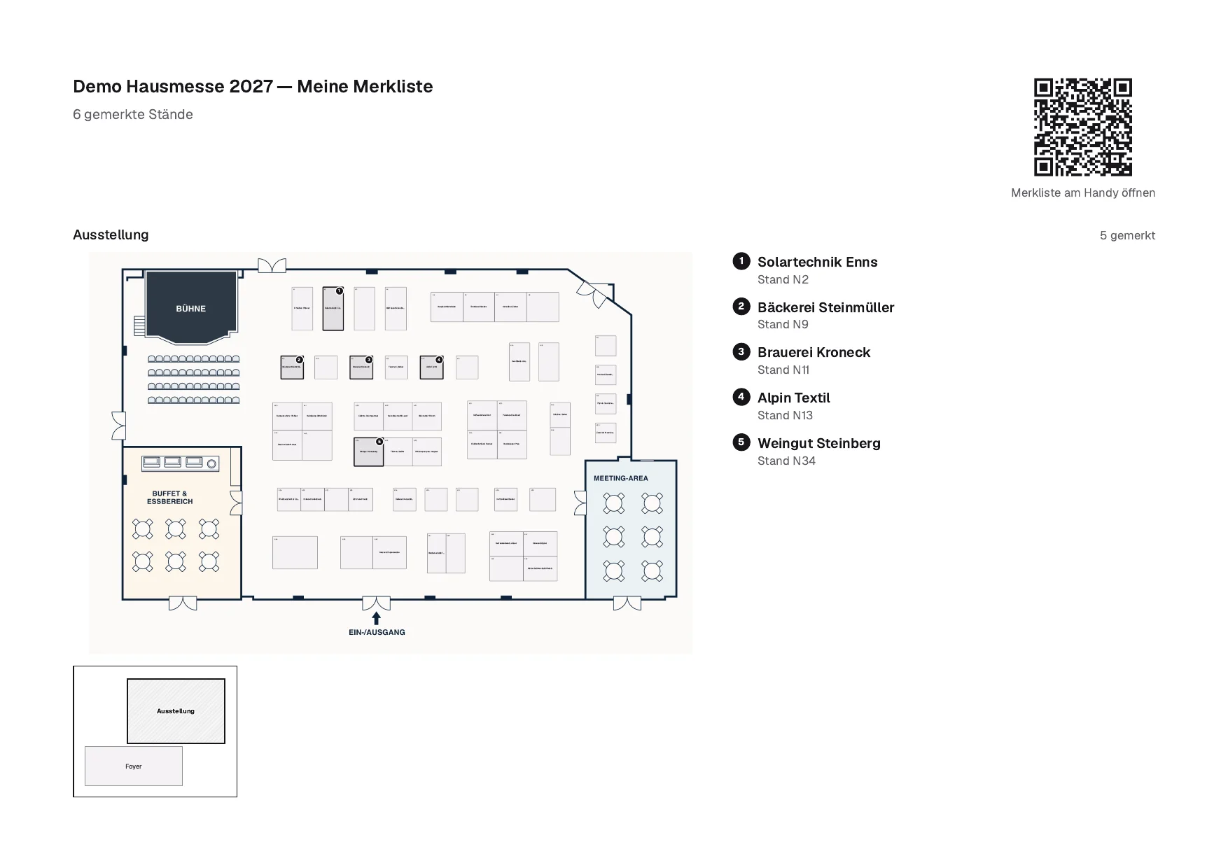 Die gedruckte Merkliste: Hallenplan mit Nummern, Legende und QR-Code