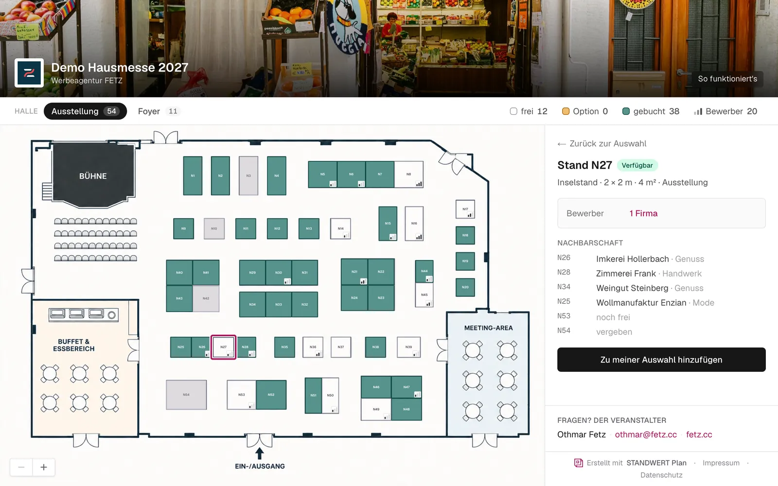 Die Ausstellersicht: Hallenplan mit freien und gebuchten Ständen und einem ausgewählten Stand