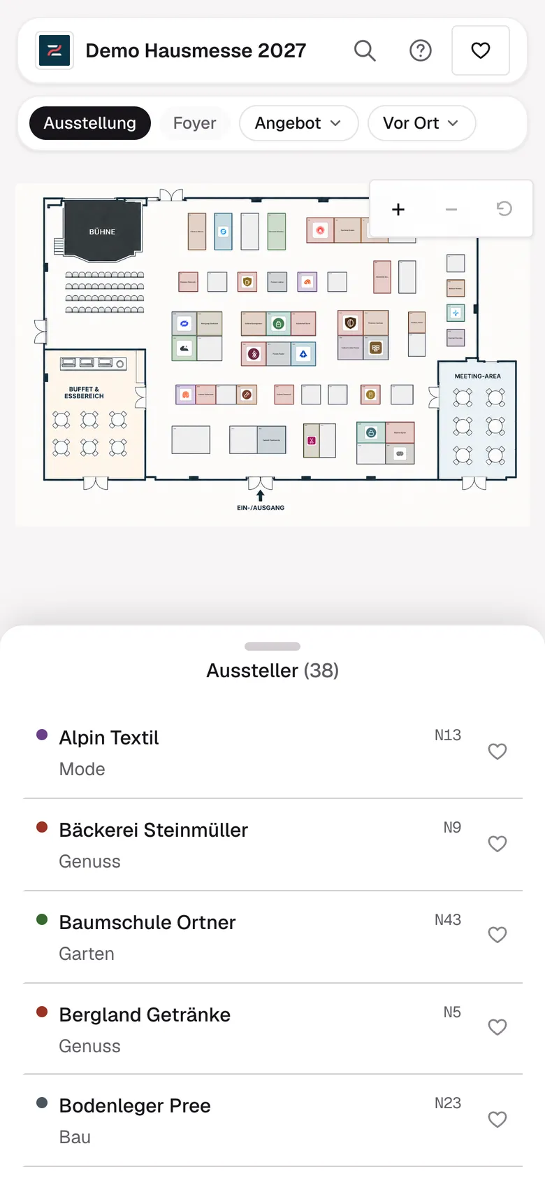 Der Besucherplan am Handy: Hallenplan mit Logos und Ausstellerliste